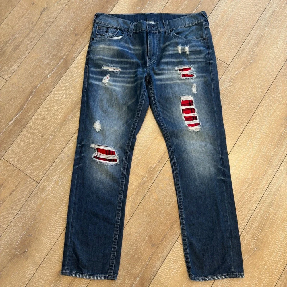 True Religion Geno Mens 38 Distressed Plaid Patch Relaxed Slim Straight Jeans
